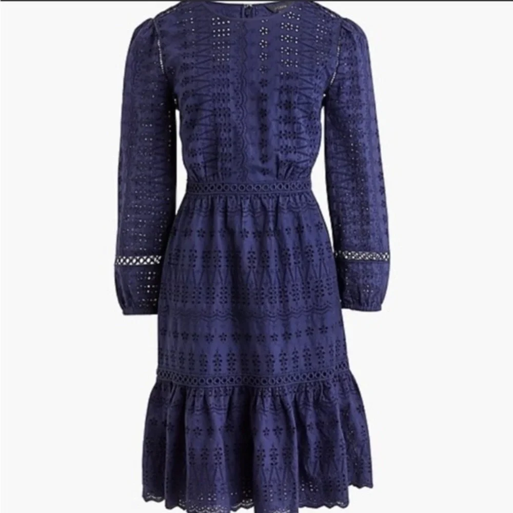 J. Crew Eyelet Lace Flutter Hem Dress Size‎ 2 Navy Blue Preppy A Line